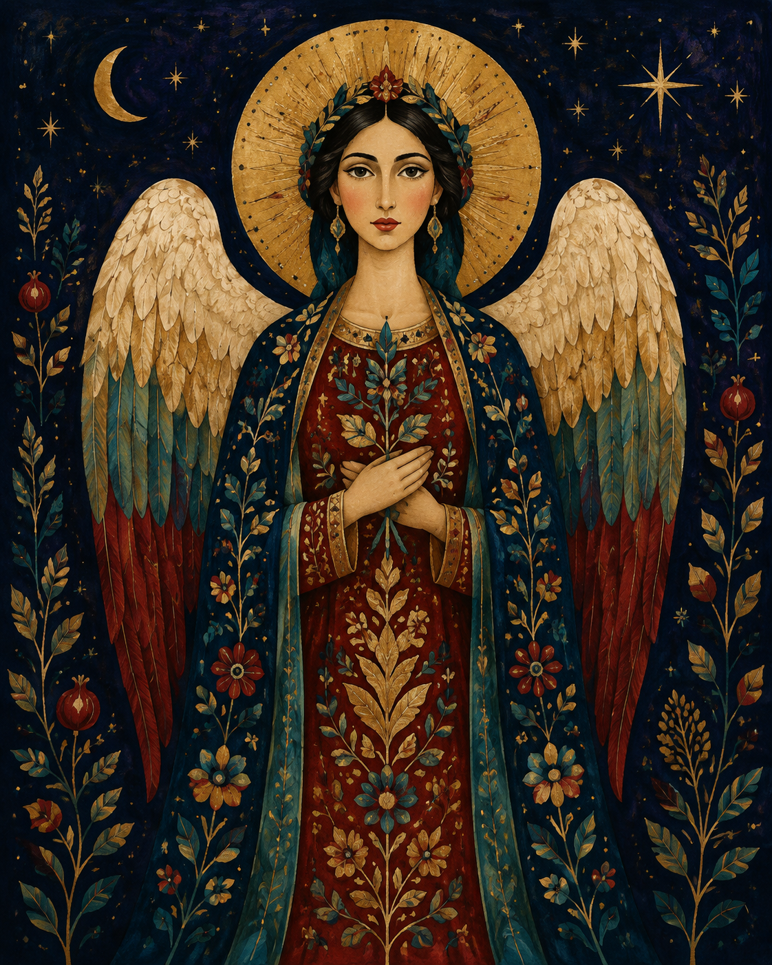 A celestial guardian with cream wings, botanical robes, and a gold halo